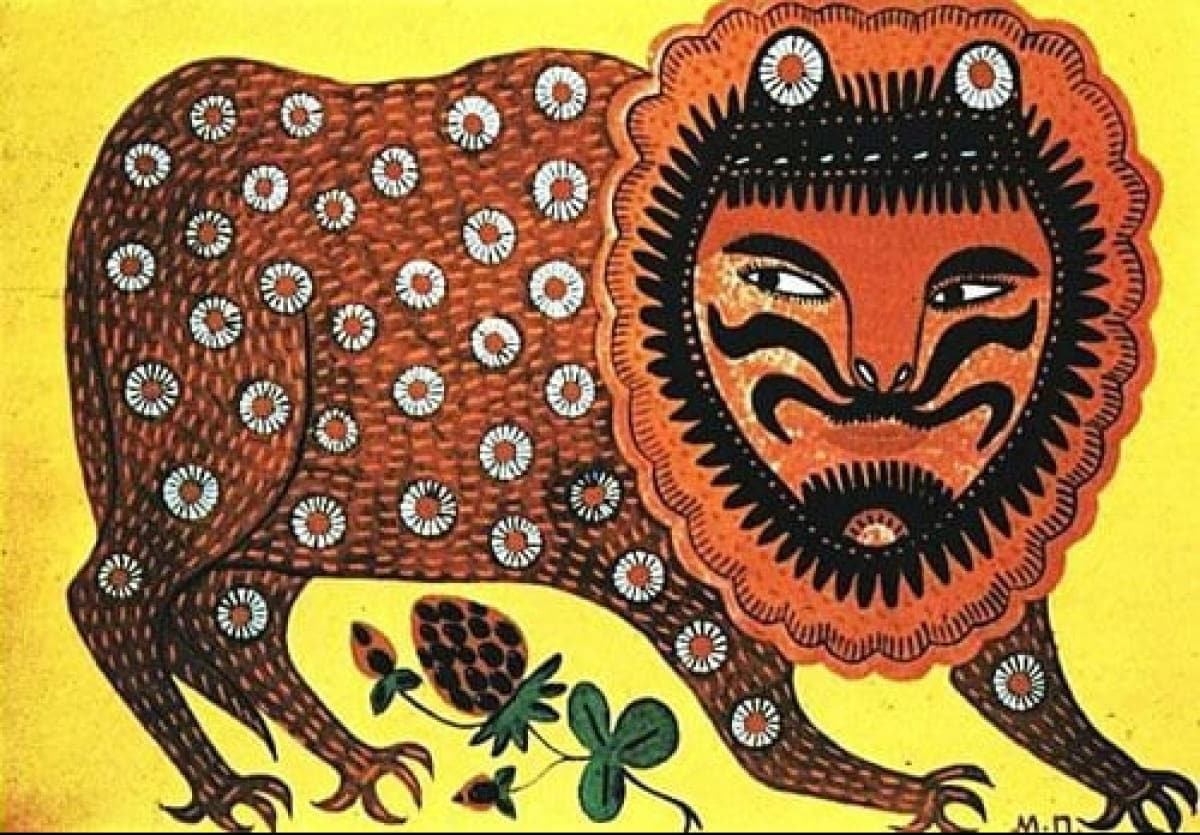 A vibrant artwork features a stylized lion covered in a pattern of white flowers and orange accents against a bright yellow background. The lion's mane is vividly highlighted, and the piece includes floral elements positioned at the bottom, enhancing its artistic appeal.