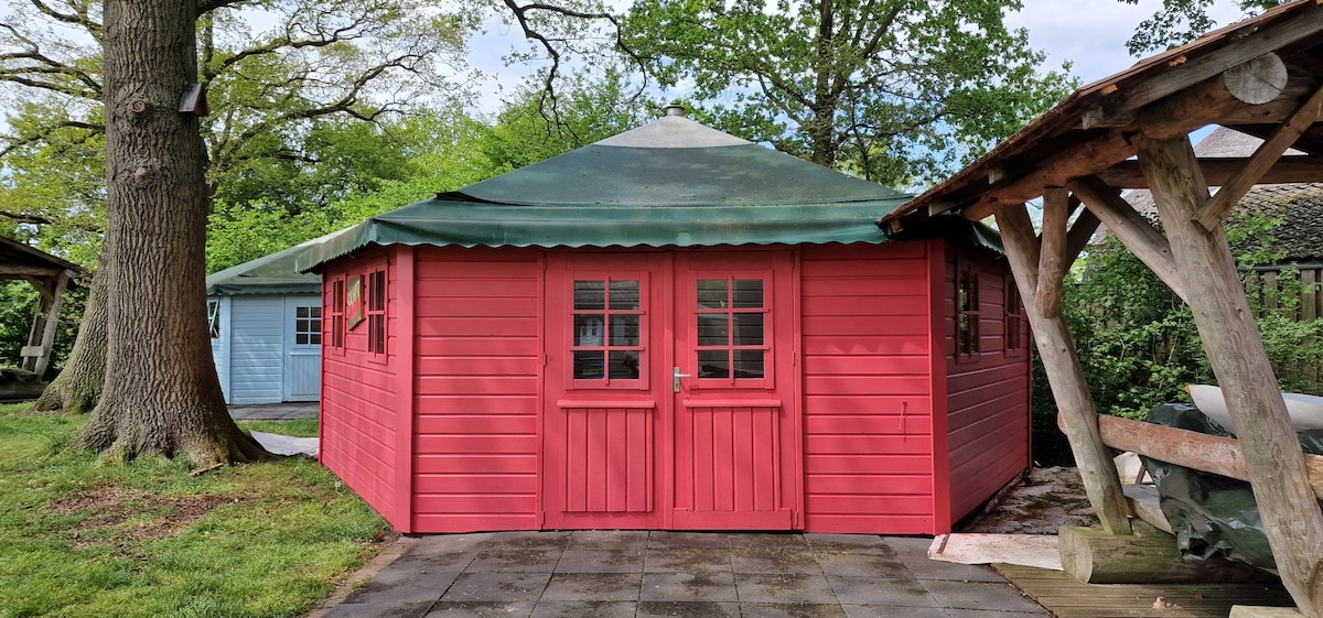 A circular wooden cabin painted in vibrant red is shown, featuring multiple rectangular windows grouped symmetrically on its facade. The cabin is topped with a green, sloped roof, and it sits on a stone pathway amidst a grassy area and surrounding trees.