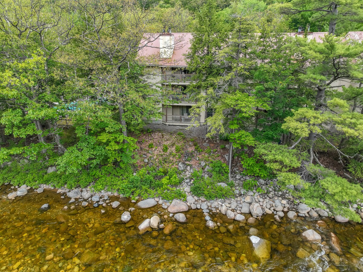 This image captures the exterior of a three-story condo unit surrounded by lush trees and rocky terrain. The building is located adjacent to a gently flowing river, with clear water and visible stones along the riverbank. The greenery enhances the natural setting.