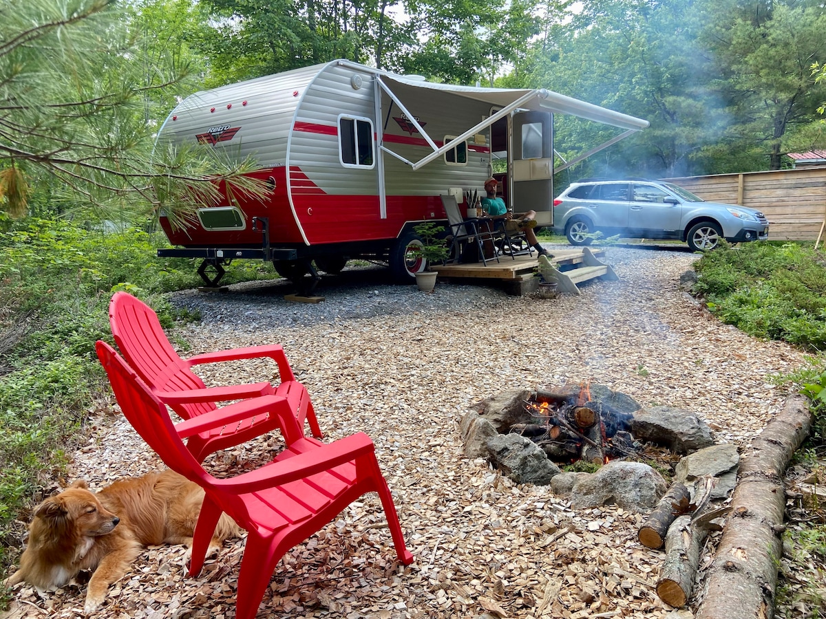 The Retro RV is positioned on a gravel area surrounded by trees, with a cozy fire pit made from stones nearby. Two red Adirondack chairs are placed in front of the fire, alongside a dog resting on the ground, creating a welcoming outdoor setting.