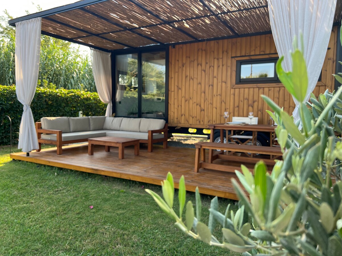 An outdoor terrace features a comfortable wooden seating arrangement with a spacious couch and coffee table. The area is shaded by a wooden canopy draped with light curtains, surrounded by greenery and grass, offering a serene environment for relaxation.