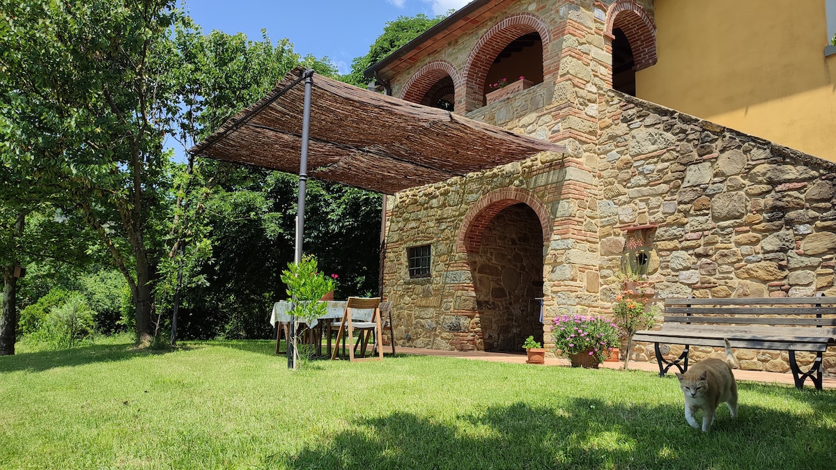 A covered pergola provides shade over a seating area with a small table and chairs, surrounded by a lush green lawn. Stone walls of a nearby building blend with the natural landscape, while flower pots add color. A cat is seen on the lawn, contributing to the serene environment.