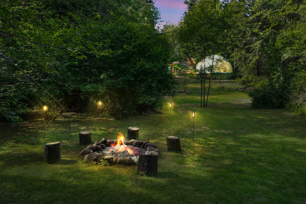 An inviting fire pit is surrounded by log seating, set in a lush green yard. Softly glowing lights are positioned around the area, illuminating the space. In the background, a geodesic dome structure is subtly visible among the trees.