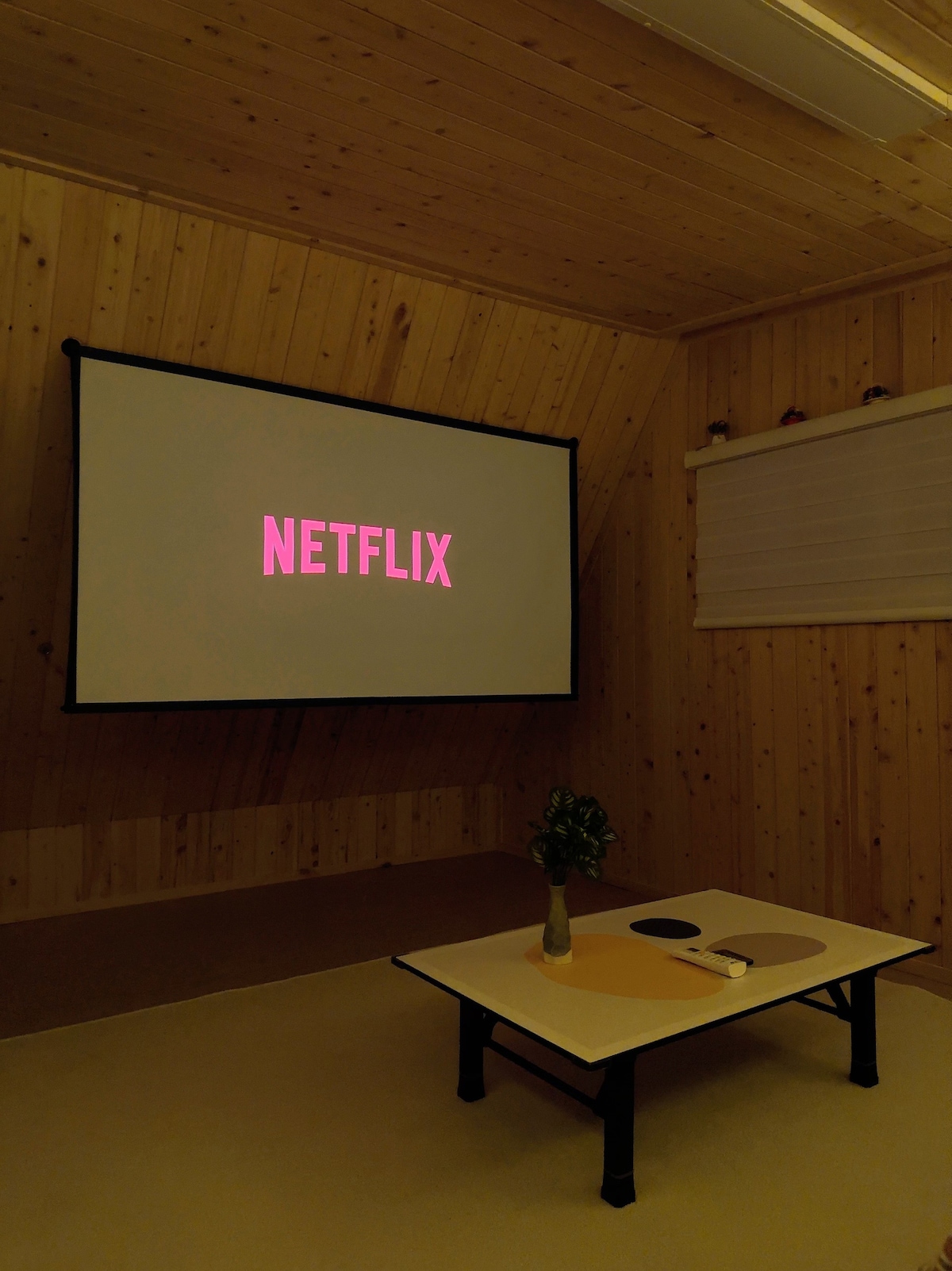 A cozy loft area features a large projection screen displaying the word 'NETFLIX'. The wooden walls create a warm ambiance. A low coffee table is positioned in front of the screen, enhancing the inviting atmosphere for leisure activities.