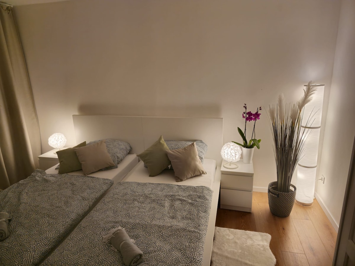 A tranquil sleeping area features two separated beds dressed in neutral-toned linens, complemented by decorative pillows. Soft lighting is provided by stylish nightstands and a floor lamp, while a decorative plant arrangement adds a touch of nature to the space.