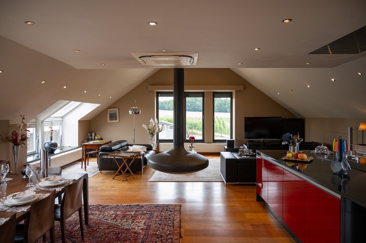 An airy open-plan living area features a modern hanging fireplace as a central focal point. Large windows provide views of greenery, while a sleek kitchen with red cabinetry and dining space with a laid table create an inviting atmosphere.