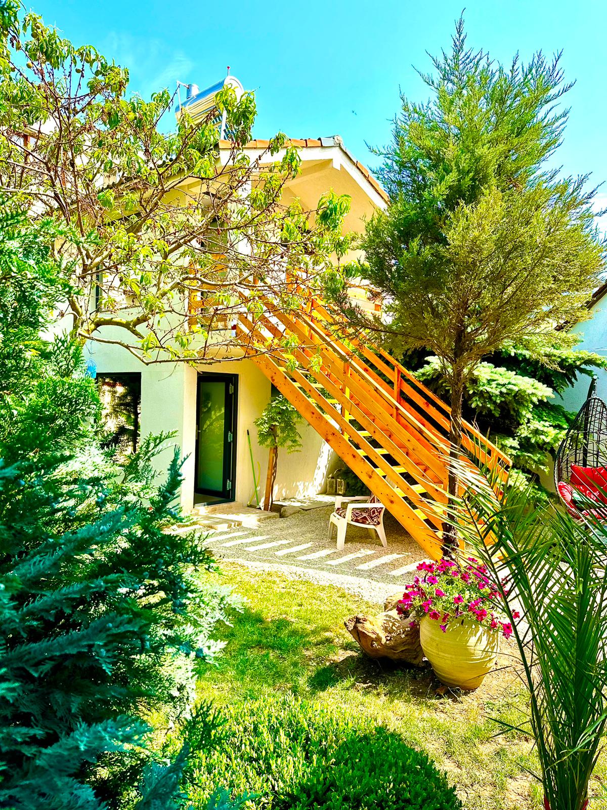 A vibrant outdoor area is highlighted by a wooden staircase leading to an upper level. Lush greenery surrounds the entrance, complemented by colorful flowers in a pot. The serene garden provides a tranquil retreat, showcasing a well-maintained space for relaxation.