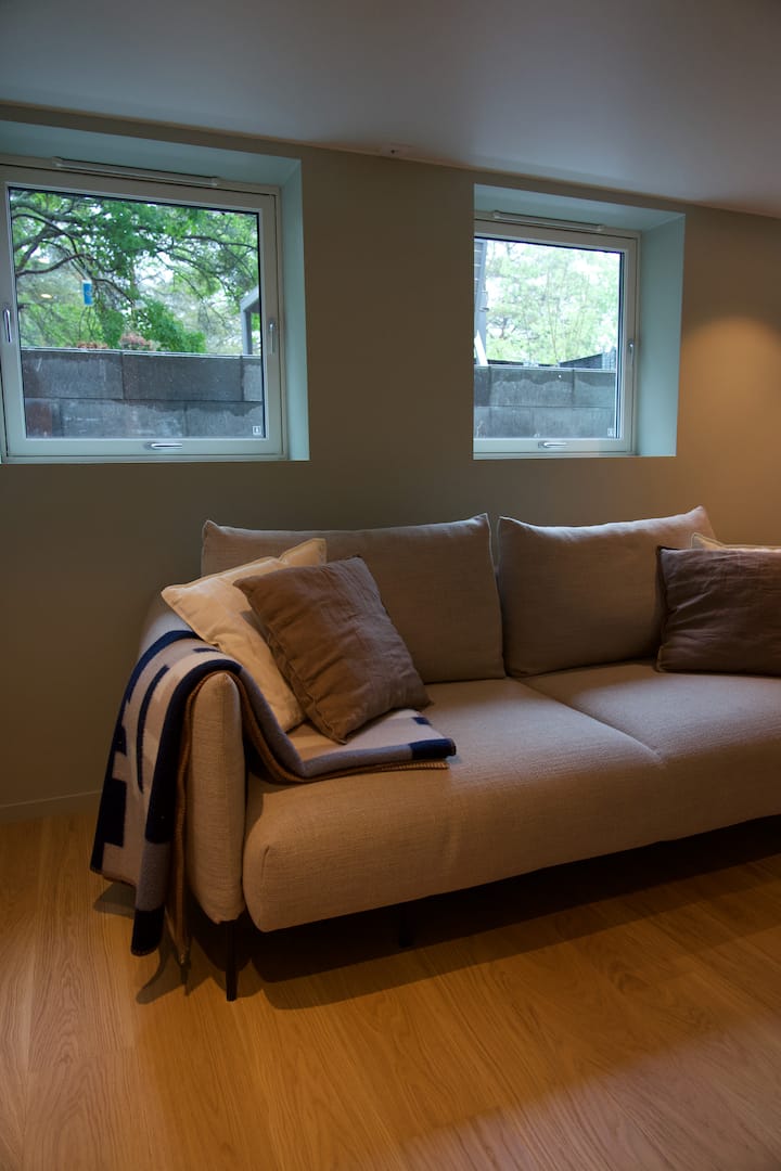 Lijepa podrumska soba s TV-om i zvučnikom Sonos. Ovo je kauč na razvlačenje koji se može produžiti. Imamo gornji madrac koji ga čini vrlo udobnim!