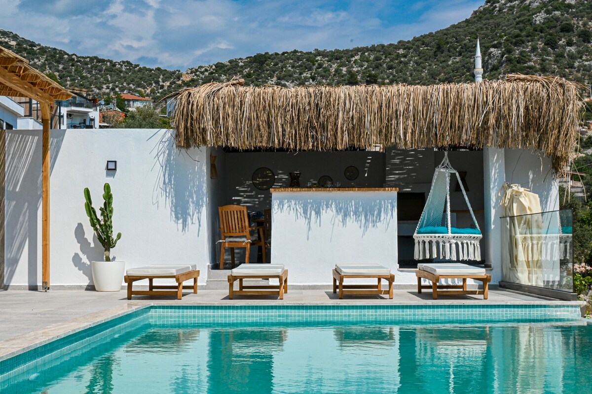 A large outdoor area features a swimming pool surrounded by loungers. A thatched-roof bar is located nearby, with a hanging chair adding a cozy touch. The backdrop showcases a scenic view of hills, while a cactus and potted plants enhance the natural aesthetic.