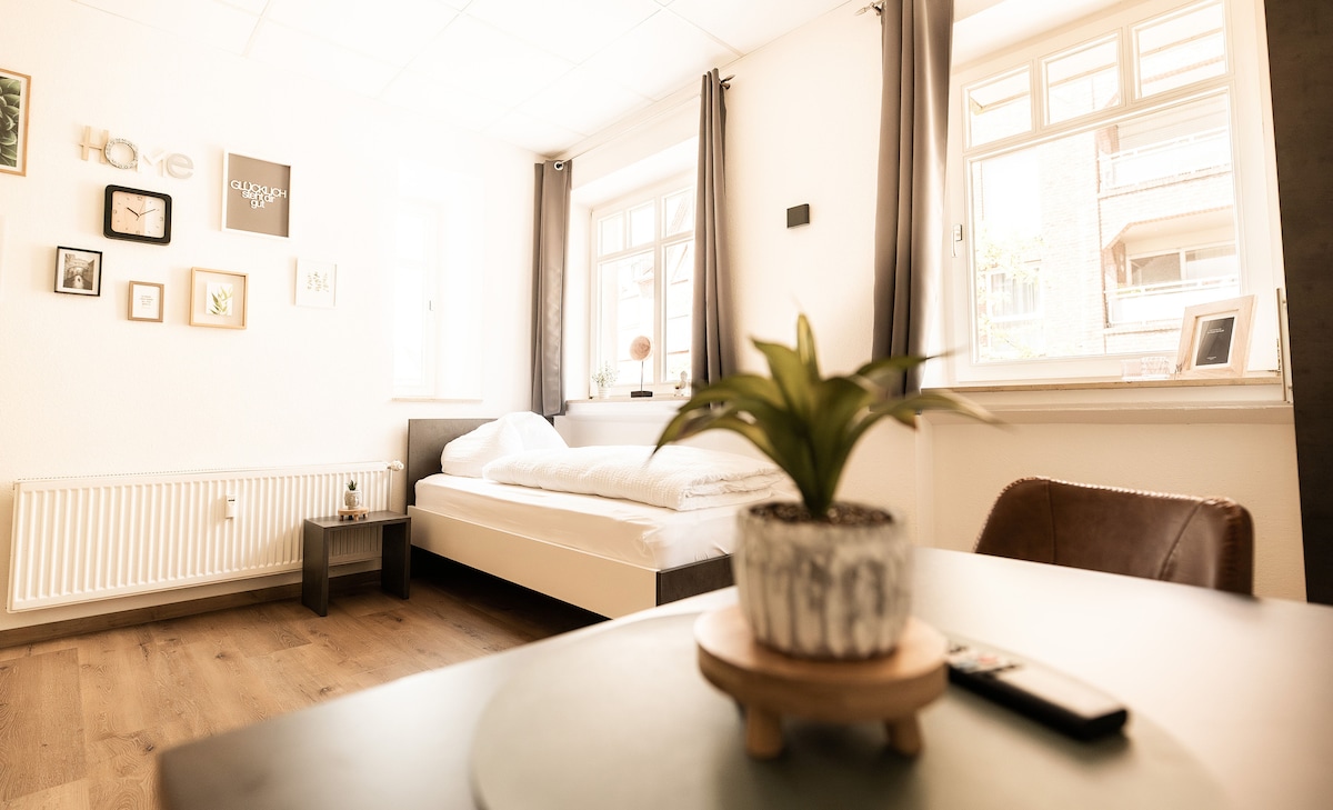 A bright studio room features light-colored walls and wooden flooring. A spacious bed is positioned against one wall, with fresh bedding neatly arranged. Windows allow natural light to fill the space, complemented by simple decor on the walls and a small plant on the table.