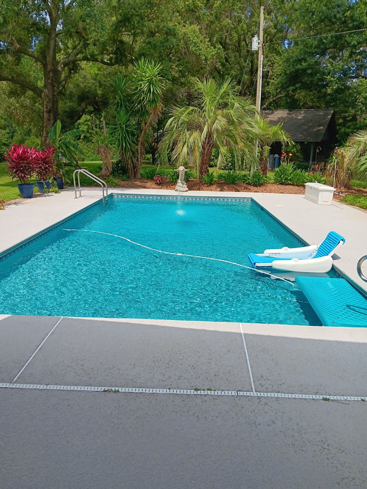 A crystal-clear pool is surrounded by lush tropical landscaping, featuring palm trees and vibrant flowering plants. A poolside lounge chair is positioned for relaxation, and a gentle fountain is visible at the pool's center, providing a calming atmosphere.