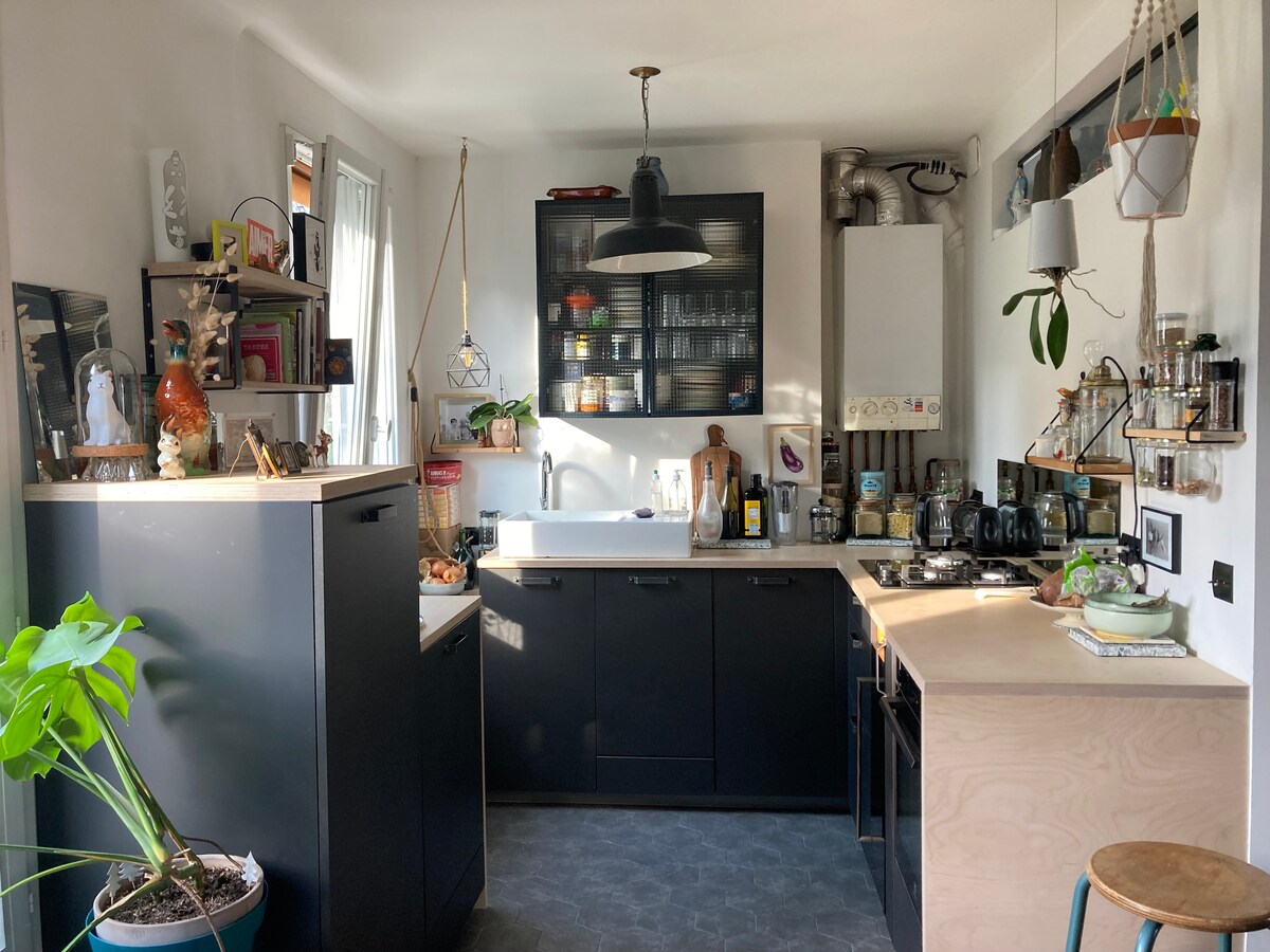 The kitchen features a contemporary design with dark cabinetry and light countertops. A variety of kitchen appliances are visible, including a stove and sink. Natural light streams through a window, highlighting decorative items and plants positioned throughout the space.