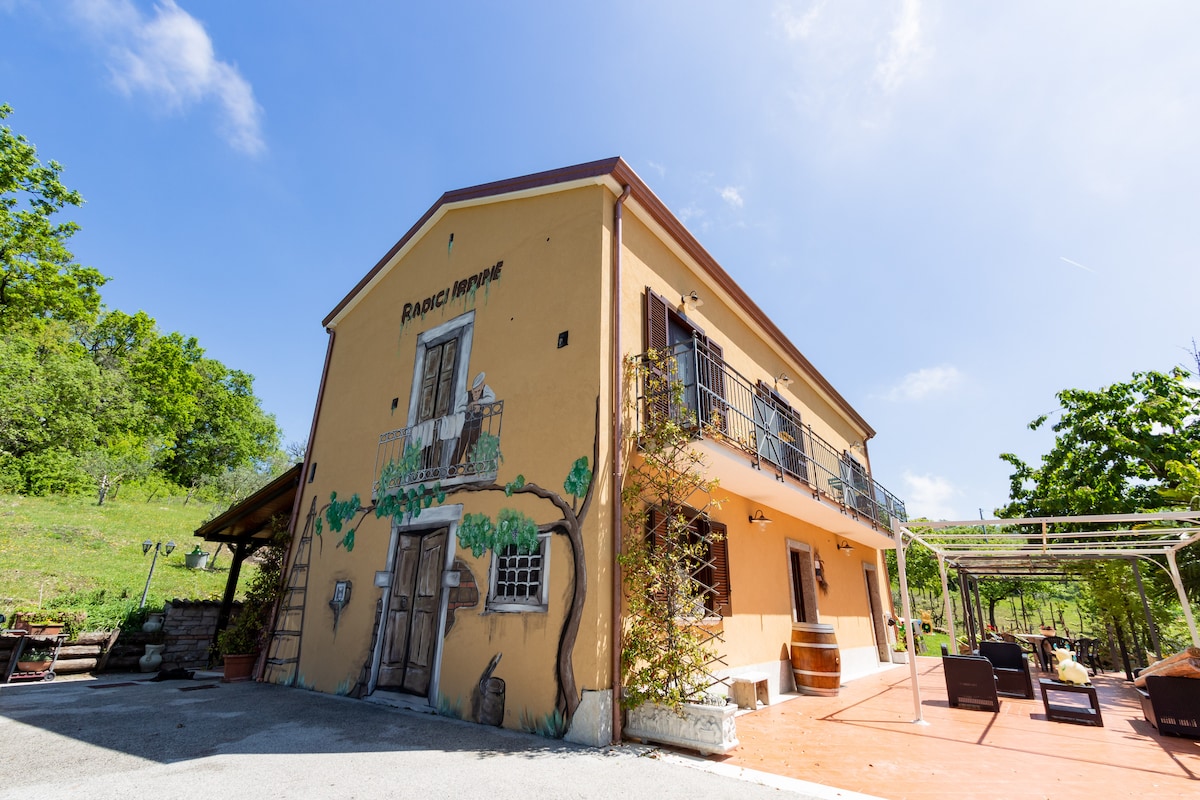 The exterior of the agriturismo features a charming yellow facade adorned with artistic murals. A spacious patio area is visible, furnished with comfortable seating. Surrounding green hills provide a natural backdrop, and various plants and trees enhance the rural atmosphere.