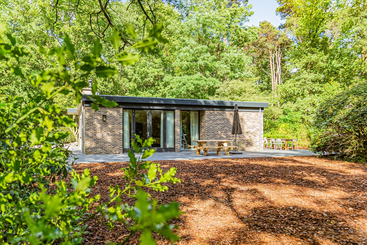 A modern house is nestled among trees, showcasing a neutral-toned exterior. Outdoor seating is provided with a picnic table and umbrella on a patio area, surrounded by natural ground cover. Large glass doors invite views of the serene wooded surroundings.