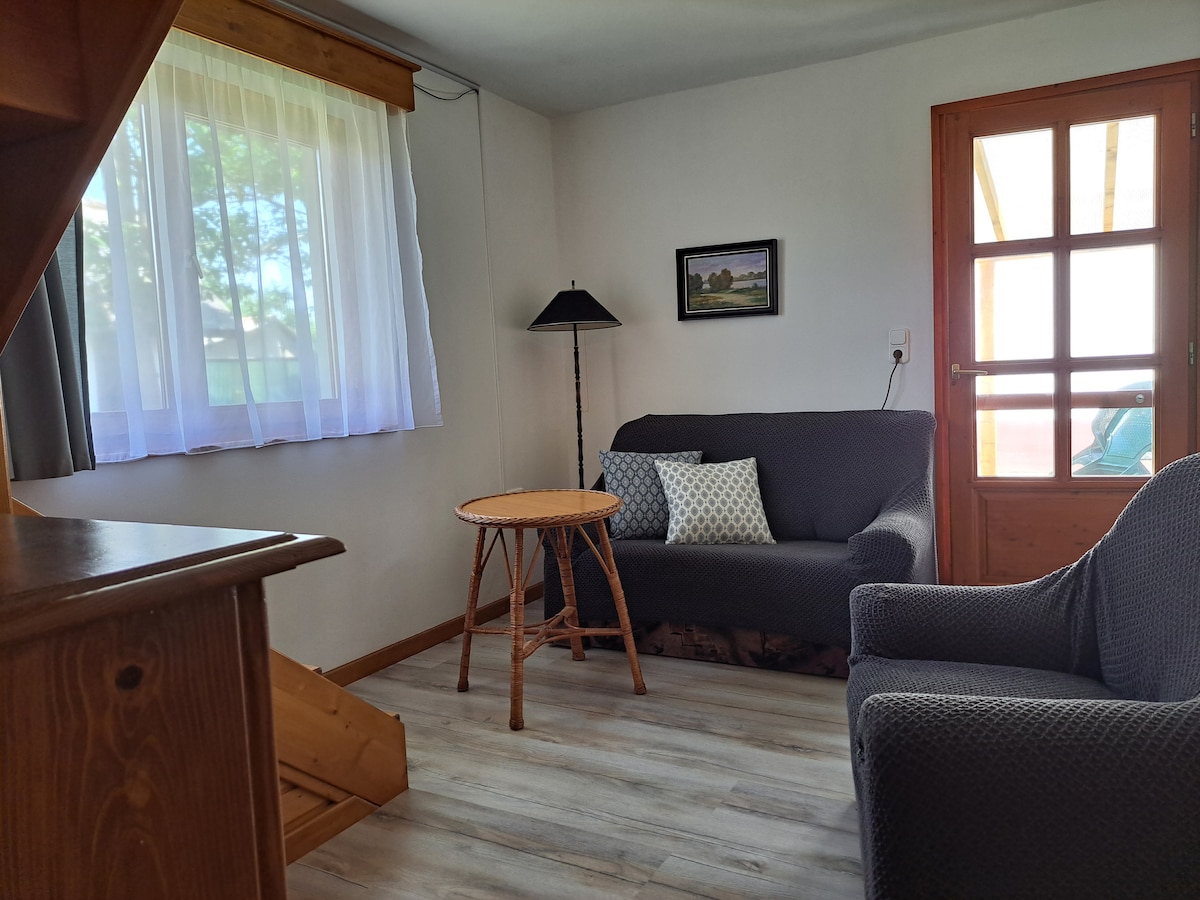 A comfortable seating area features a dark gray sofa and a matching armchair. A round wooden table sits between them. Natural light filters through a sheer curtain over the window, illuminating a framed landscape picture on the wall. A wooden door leads to the outdoor area.