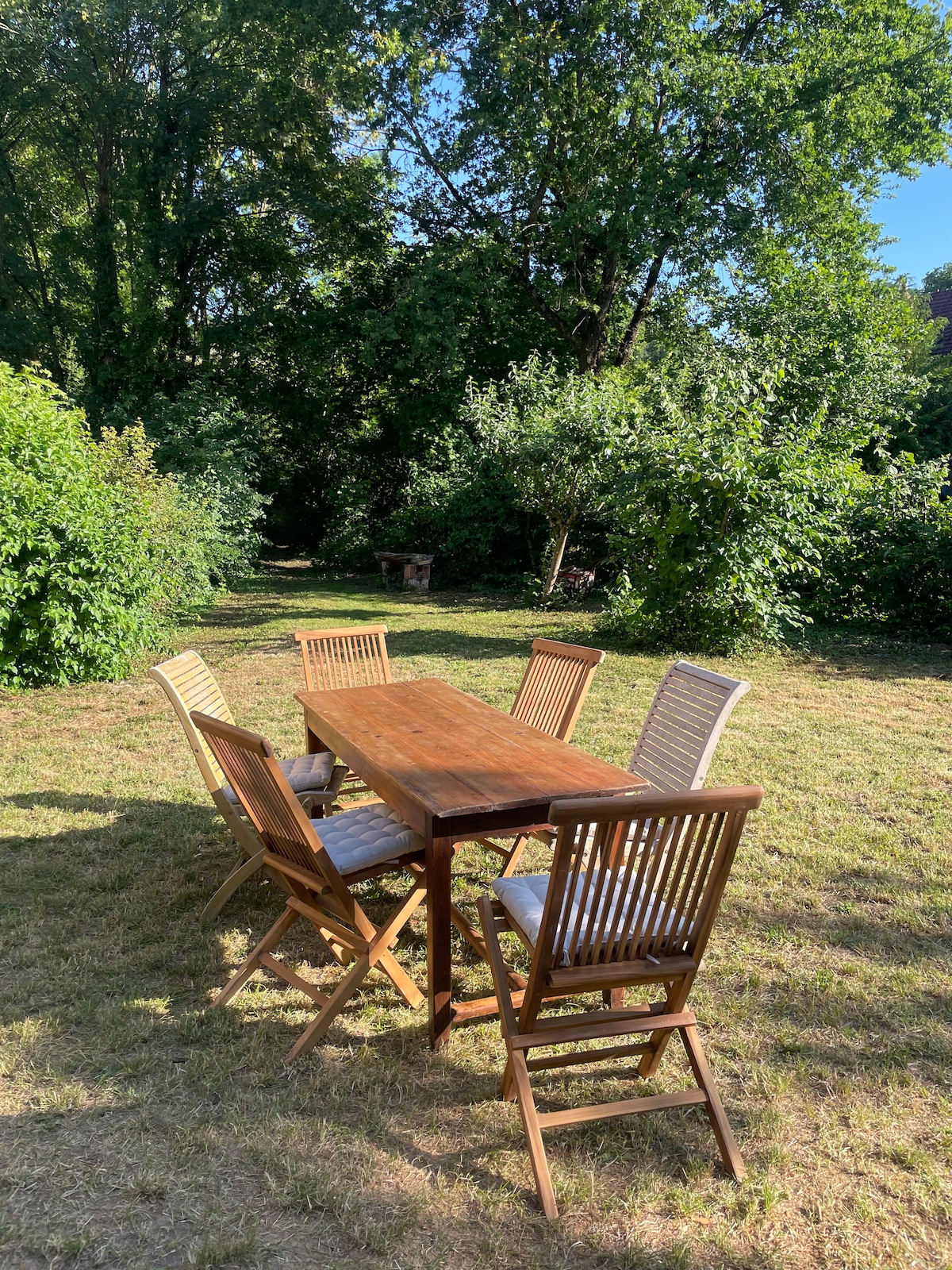 An outdoor dining set is positioned on a grassy area, featuring a wooden table surrounded by six folding chairs. Lush greenery surrounds the space, providing a serene atmosphere perfect for meals in nature.