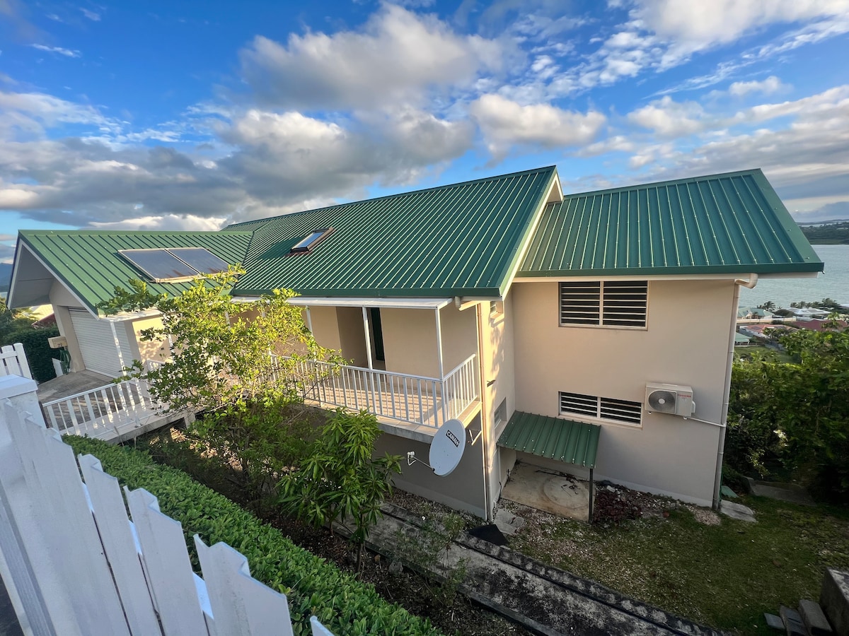 The exterior of a one-story house is showcased with a green metal roof and light-colored walls. A spacious porch is visible, along with surrounding greenery and a satellite dish. Nearby, a pathway leads to the entrance, with a view of the bay in the background.