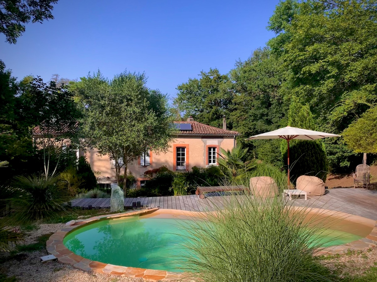 The outdoor space features a curved pool with light green water, surrounded by wooden decking and various plants. A spacious patio umbrella offers shade, while a small seating area with two chairs invites relaxation amidst lush greenery.