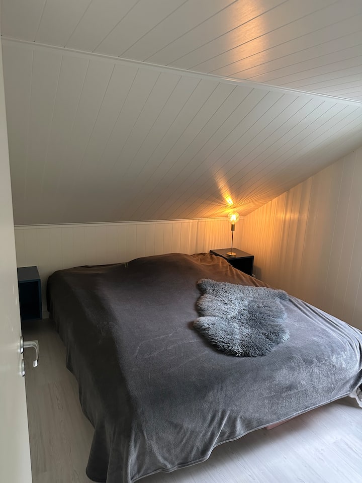 Спалня на тавана с 1 двойно легло и разтегателен диван. Моля, обърнете внимание, че диванът е труден за използване  от деца с олекотена завивка или 2 отдолу. Също така имайте предвид, че височината на тавана не е с пълна височина.