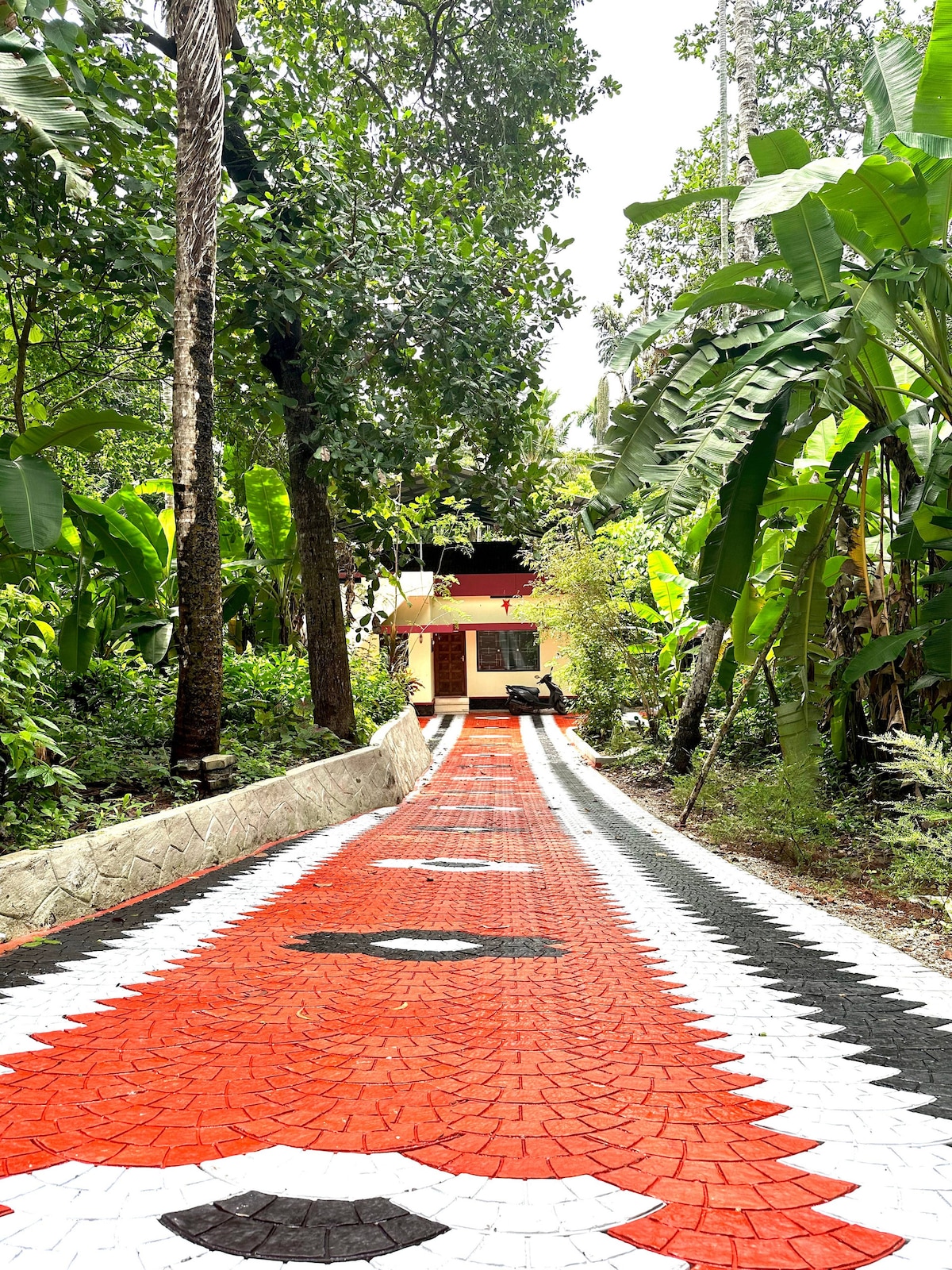 A winding pathway leads through lush greenery, framed by tall trees and vibrant foliage. The red, white, and black patterned walkway guides the eye toward the entrance of the cozy home nestled among the plants, creating a serene and inviting approach.