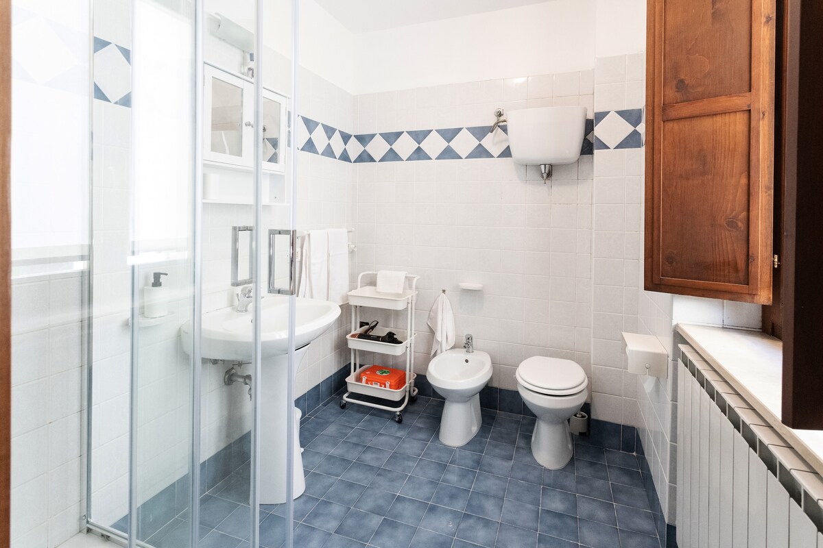 The bathroom features a modern layout with a glass shower cubicle, a sink, a bidet, and a toilet. White tiles are complemented by blue accents. A shelving unit holds toiletries, and a radiator provides warmth. Natural light enters through a window with brown wooden shutters.
