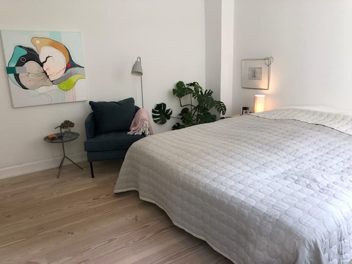 宽敞的卧室，配有双人床、扶手椅和两个大窗户的可爱光线。