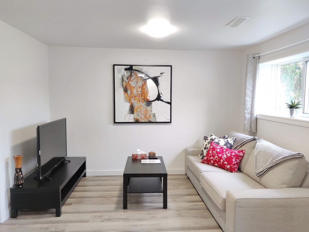 A cozy living room is highlighted by a comfortable sofa adorned with colorful cushions. A TV is positioned on a low black stand across from a dark coffee table. Natural light enters through a window, complemented by a piece of abstract wall art.