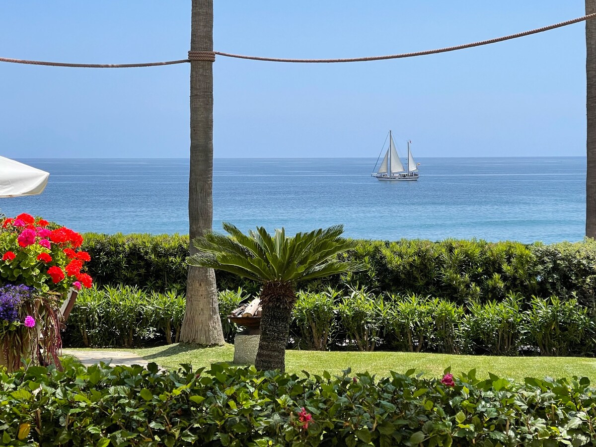 A clear view of the serene sea is framed by lush greenery and blooming flowers. A sailboat is seen gently gliding across the horizon, while palm trees provide a tropical accent against the vibrant coastal backdrop.