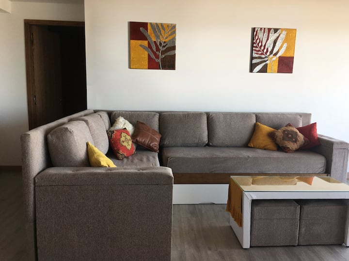 The sofa bed consists of 2 single beds with spring mattresses, making it very comfortable and easy to put together for the family at bedtime. 
Under one of them is another extra bed for an eventual fifth guest.