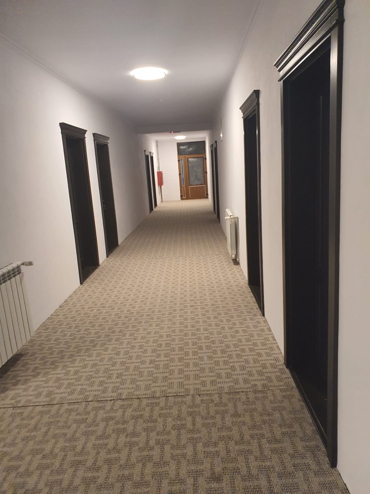 A long hallway is lined with black doors leading to guest rooms. The carpet features a subtle pattern, and warm lighting enhances the space. A radiator is visible along one side, and the entrance at the end of the hall is marked by a wooden door.