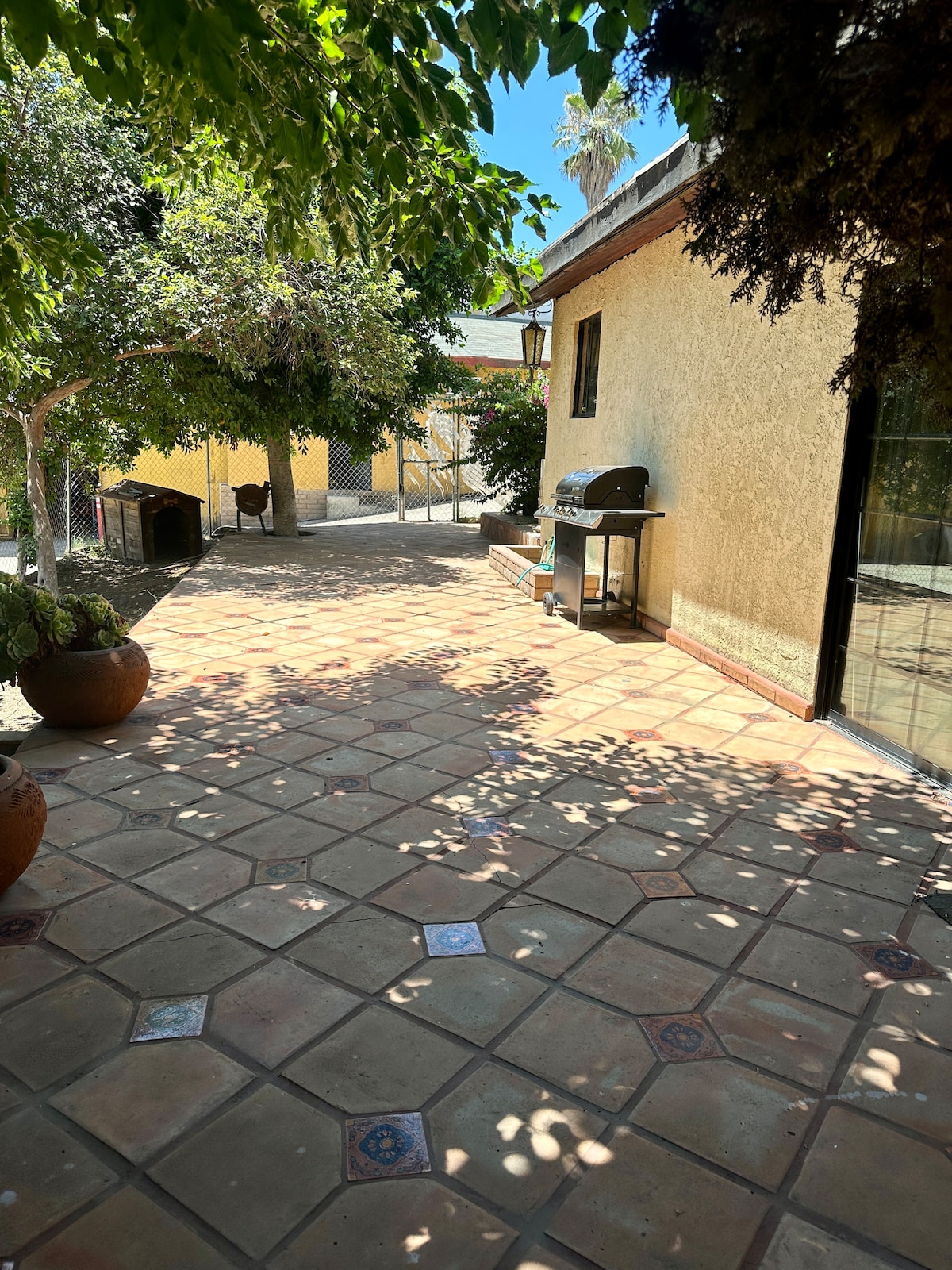 A spacious patio area is presented, featuring terracotta tiles and dappled sunlight filtering through overhead trees. A barbecue grill is positioned on one side, and potted plants are arranged along the edges, providing a serene outdoor space suitable for gatherings.