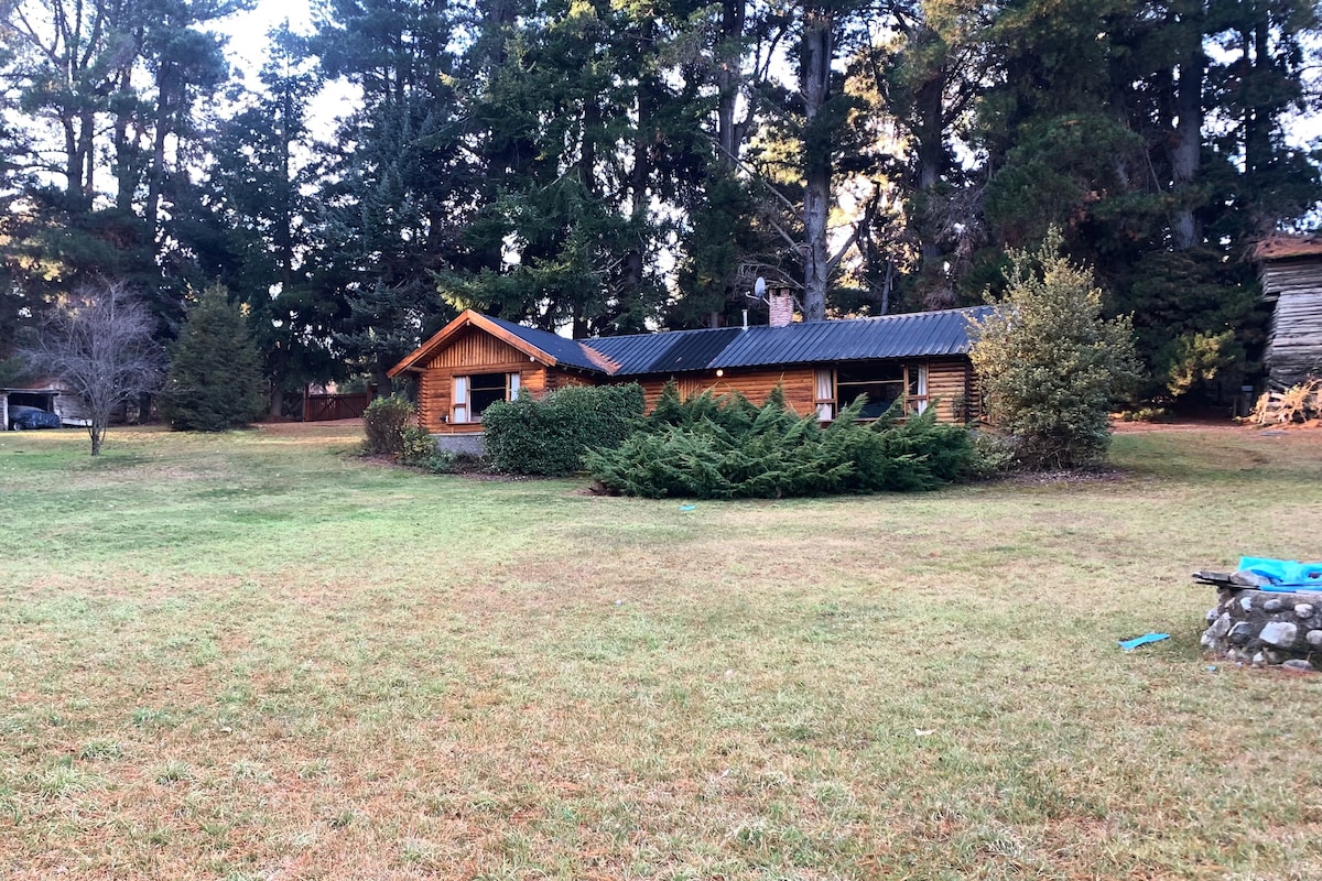 A rustic wooden cabin is surrounded by lush greenery and tall trees, set on a spacious lawn. The cabin features a black roof and multiple windows, blending harmoniously with the natural landscape.