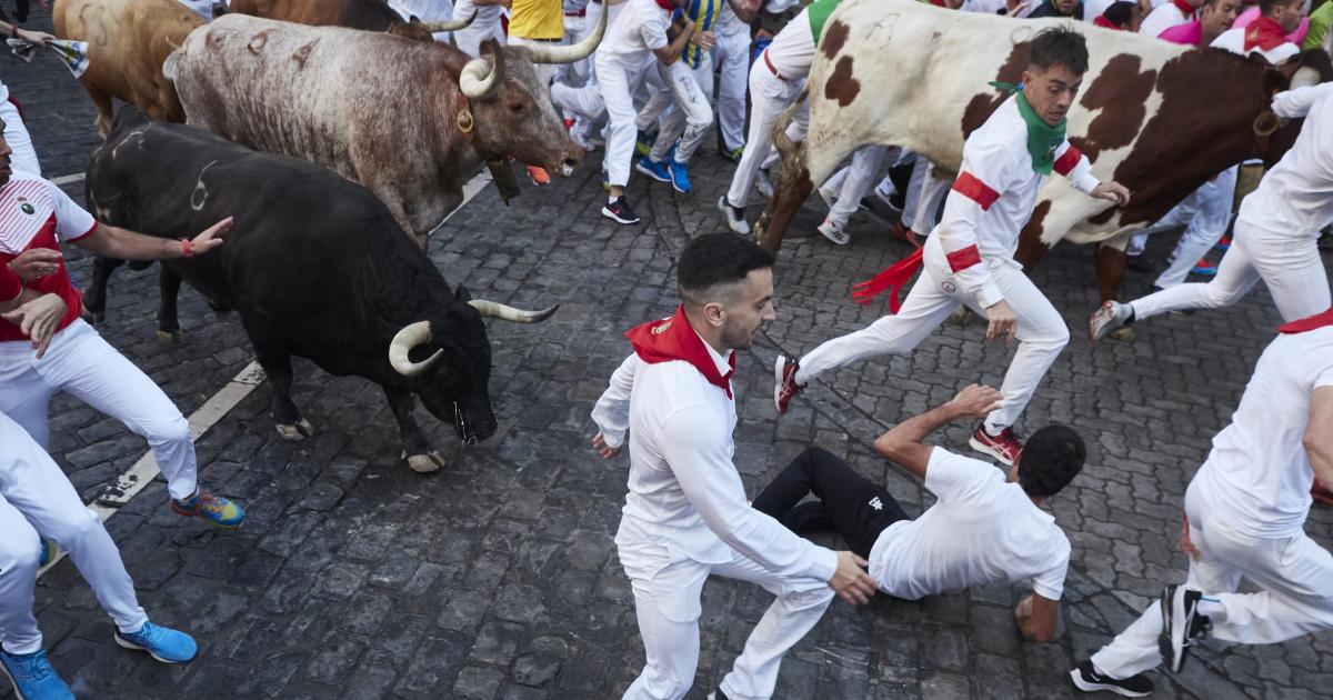 A bustling scene captures individuals in white attire with red accents running alongside a herd of bulls on a cobblestone street. The energy of the event is palpable, with several participants closely navigating the moving animals.