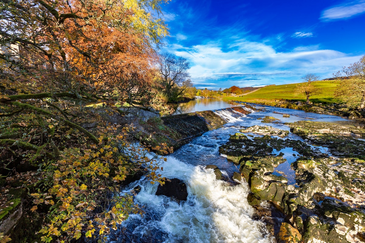 A flowing river cascades over rocky ledges, creating gentle rapids surrounded by autumn foliage. Trees with orange and yellow leaves line the riverbank, contrasting against the clear blue sky dotted with clouds. Lush green fields can be seen in the distance.