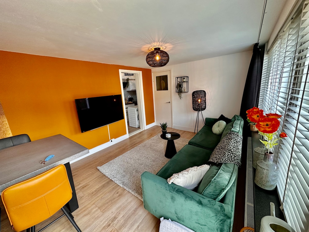 A stylish living area features a green sofa accompanied by a decorative throw and vibrant flowers. A flat-screen television is mounted on an orange accent wall, adding contrast. A cozy rug lies underfoot, and a dining table with yellow chairs is positioned nearby.
