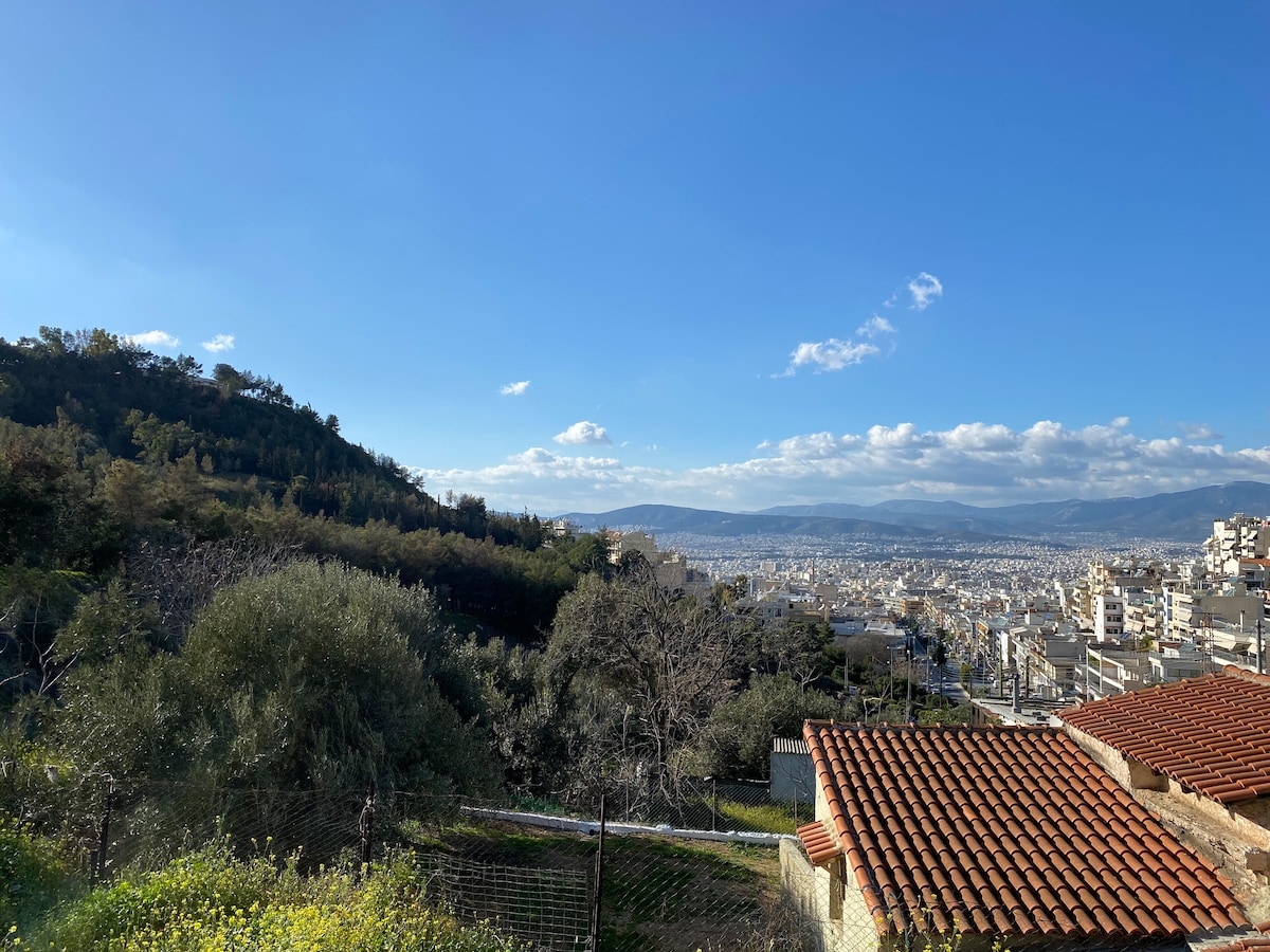 A panoramic view captures the sprawling city of Athens below, framed by lush greenery and distant hills. The clear blue sky stretches overhead, with scattered clouds adding depth to the landscape. Terracotta rooftops are visible in the foreground, blending harmoniously with nature.