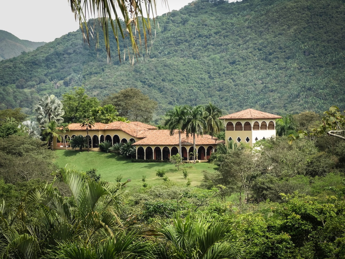 The exterior view showcases a sprawling estate set against a backdrop of mountains. Lush greenery surrounds the building, which features a terracotta roof and arched windows. Palm trees and other vegetation enhance the natural setting.