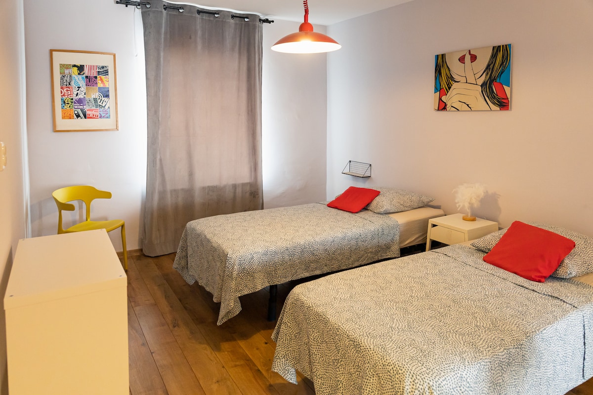 The room features two twin beds dressed in patterned covers, complemented by bright red accent pillows. A minimalist bedside table and a light-colored dresser provide functional storage. Natural light filters through a window covered by sheer curtains, while a vibrant piece of artwork adds a pop of color.
