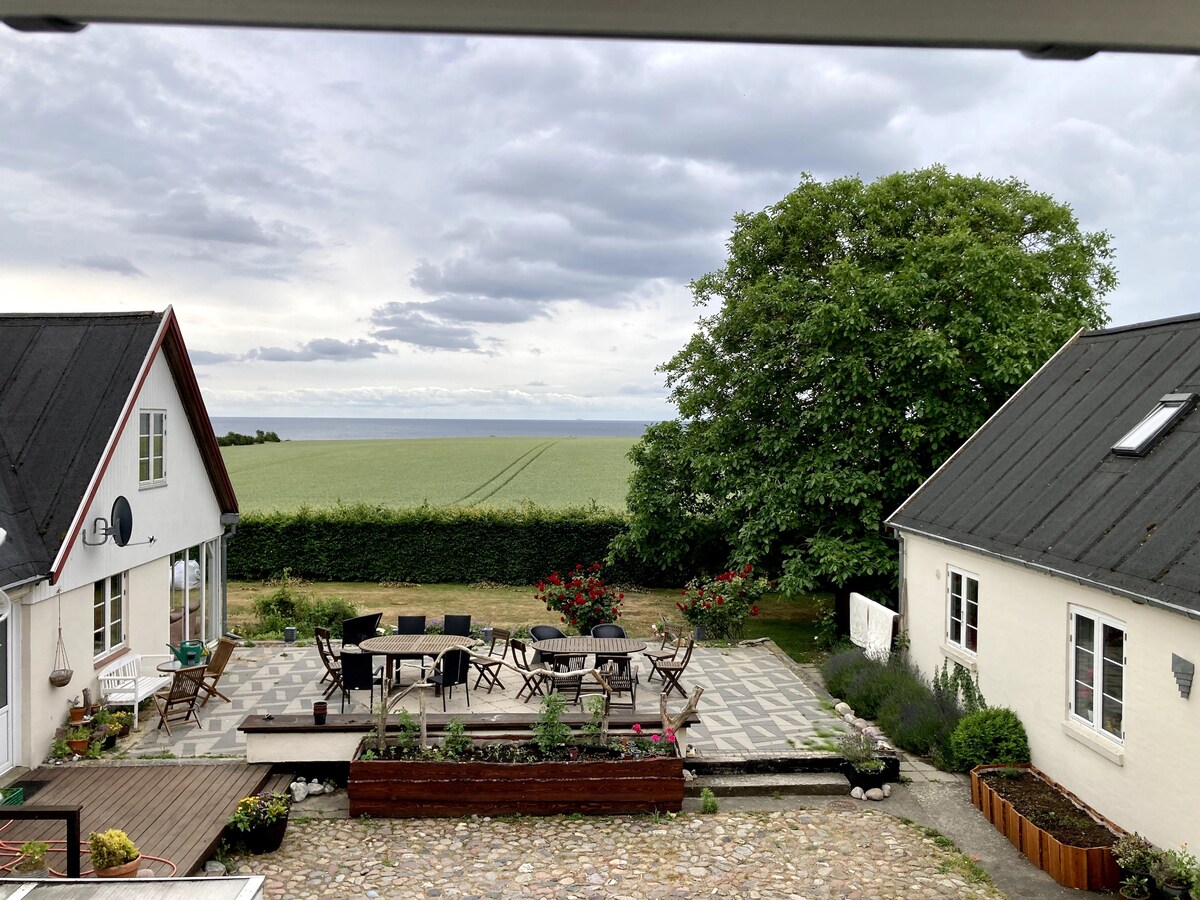 An expansive outdoor patio area features a dining table set alongside comfortable chairs, framed by landscaped gardens. A grassy field and the sea can be seen in the distance, while a large tree provides shade. The sky is partly cloudy, lending a serene atmosphere.