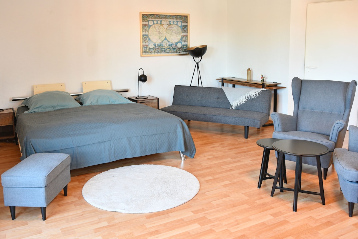 A spacious area features a large bed with soft blue bedding, accompanied by a gray sofa, armchairs, and a round coffee table. A light area rug adds comfort to the wood floor, while wall art provides a subtle decorative element.