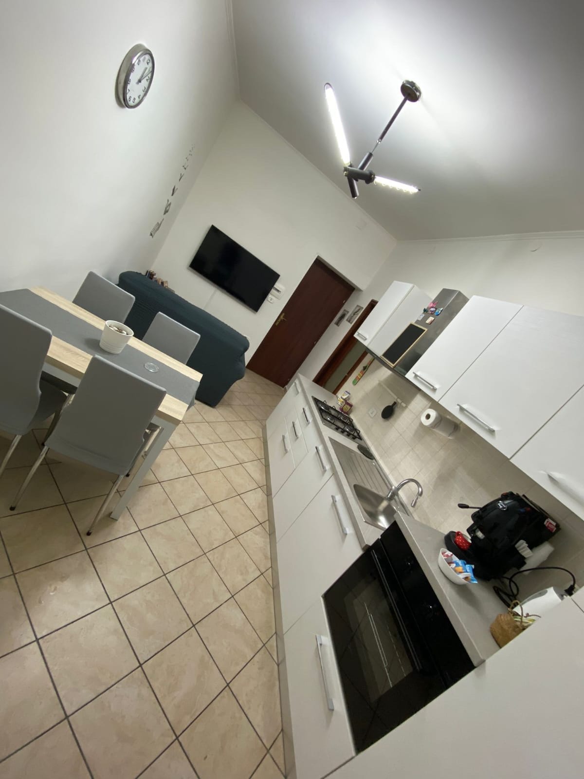 A modern kitchen area is equipped with essential appliances and a dining table with four chairs. A comfortable sofa and wall-mounted television are present, enhancing the space's functionality. Neutral-colored cabinetry and tiled flooring contribute to the clean, minimalist aesthetic.