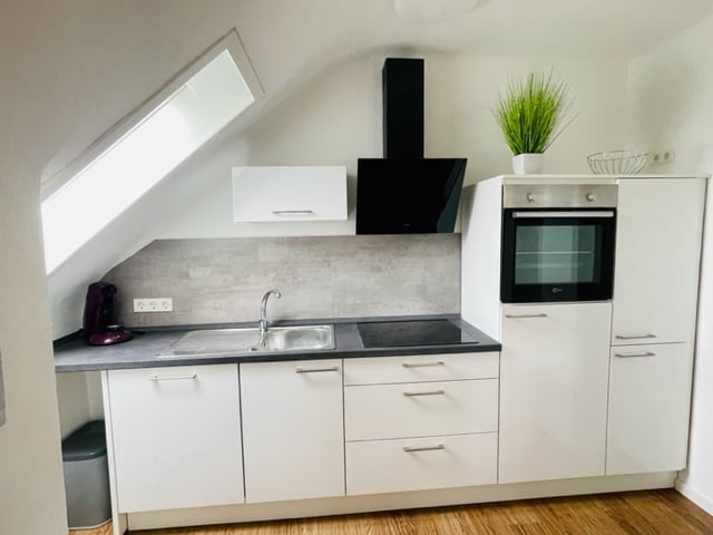 A modern kitchen features a sleek white cabinetry with a black countertop. A chrome faucet is positioned above a stainless steel sink. An oven and a range hood are integrated into the cabinetry. A small plant adds a touch of greenery to the space.