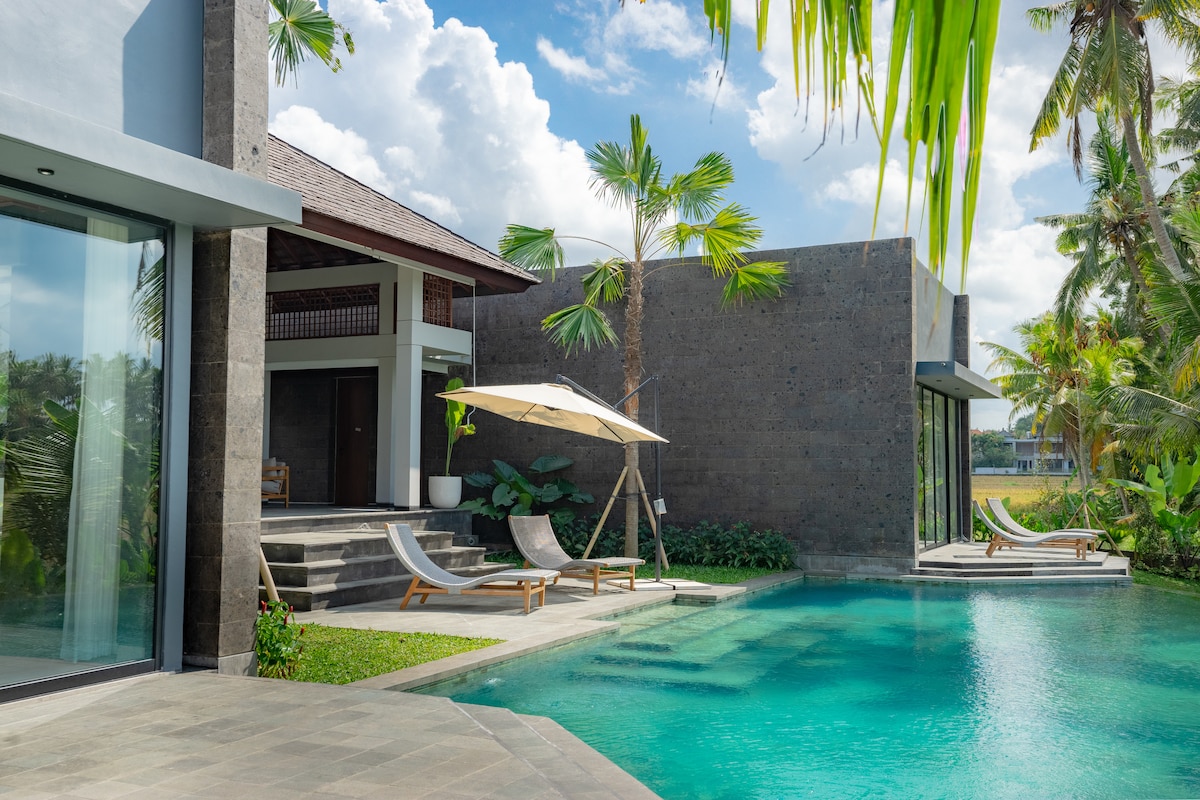 The villa exterior is showcased with a sleek design and large glass doors. An infinity pool complements the modern architecture, surrounded by tropical palm trees. A shaded lounge area features comfortable loungers, while the vibrant greenery enhances the serene atmosphere.