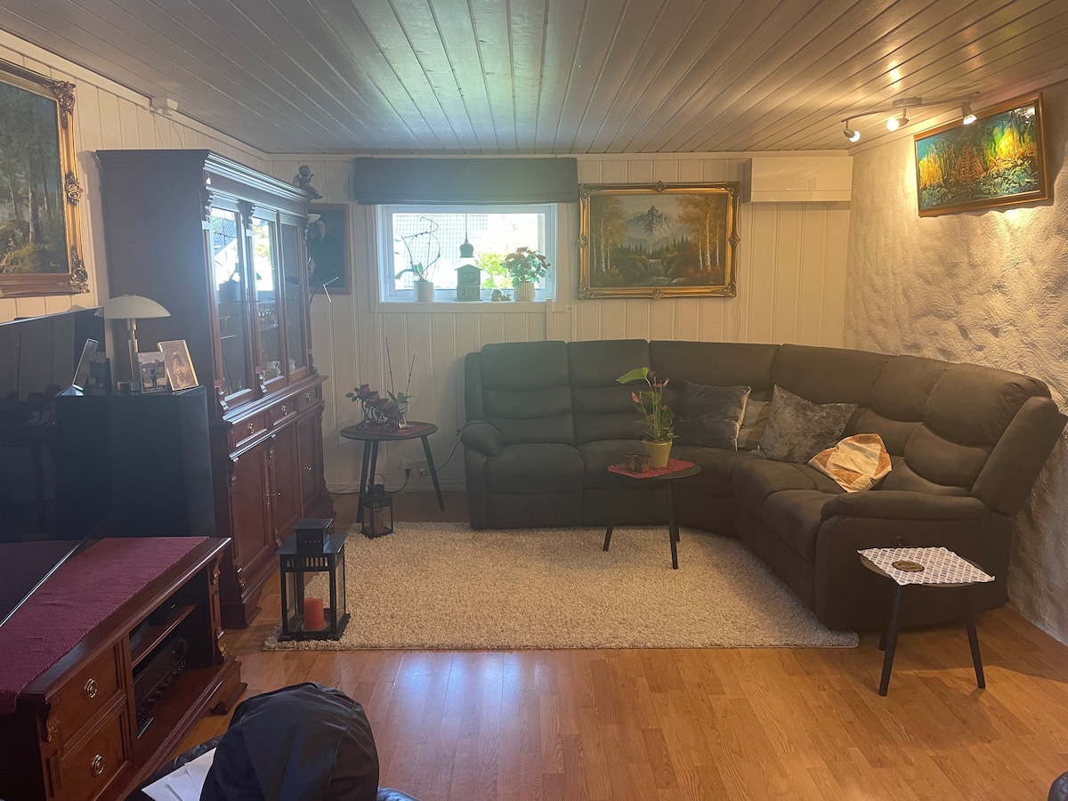 A cozy living area features a spacious gray sectional sofa with decorative pillows. An ornate wooden cabinet and a low coffee table are present. Natural light enters through a window adorned with potted plants, while artwork decorates the walls, adding character to the space.