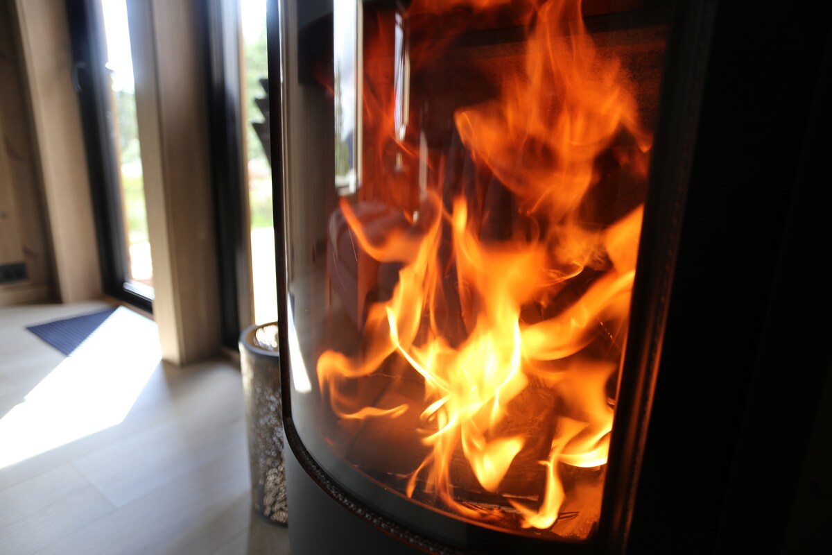 A modern fireplace is featured within the living area, showcasing vibrant flames and glowing embers. Natural light is seen entering through large glass doors, illuminating the surrounding space and highlighting the sleek, minimalist design.