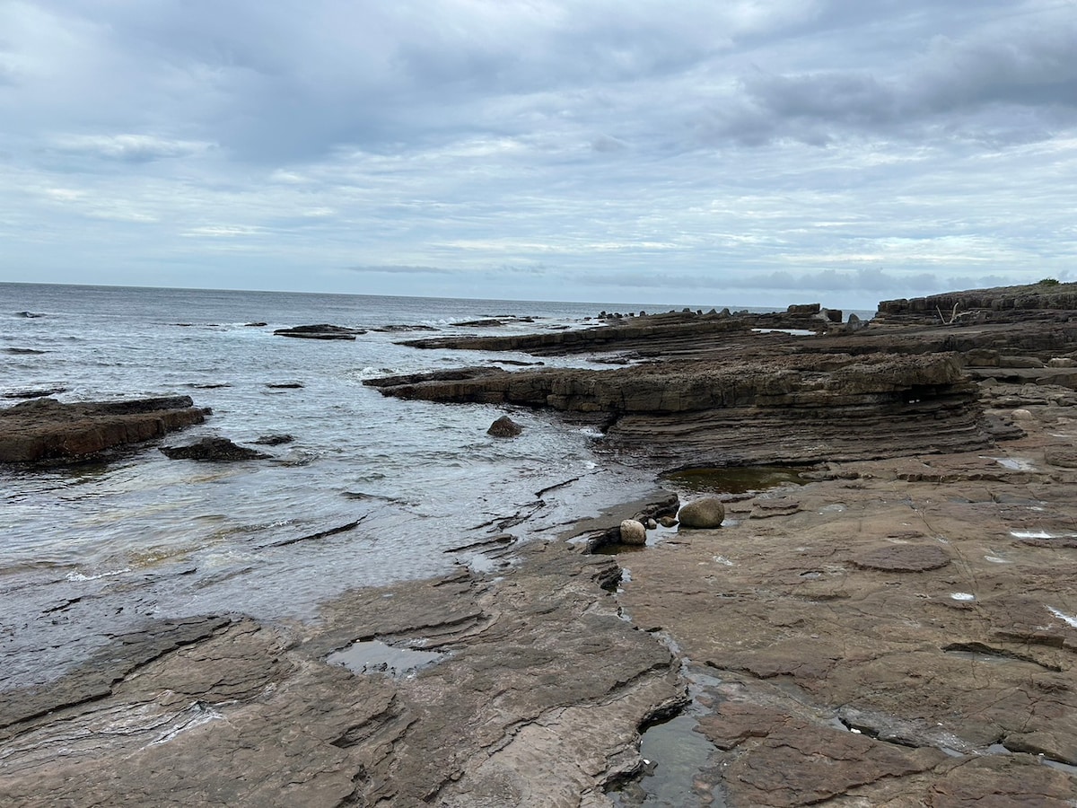 The rocky shoreline stretches along the calm ocean, displaying layered stone formations that create a rugged landscape. A serene sky with soft clouds provides a muted backdrop, while gentle waves lap against the shore, accentuating the natural beauty of the coastal environment.