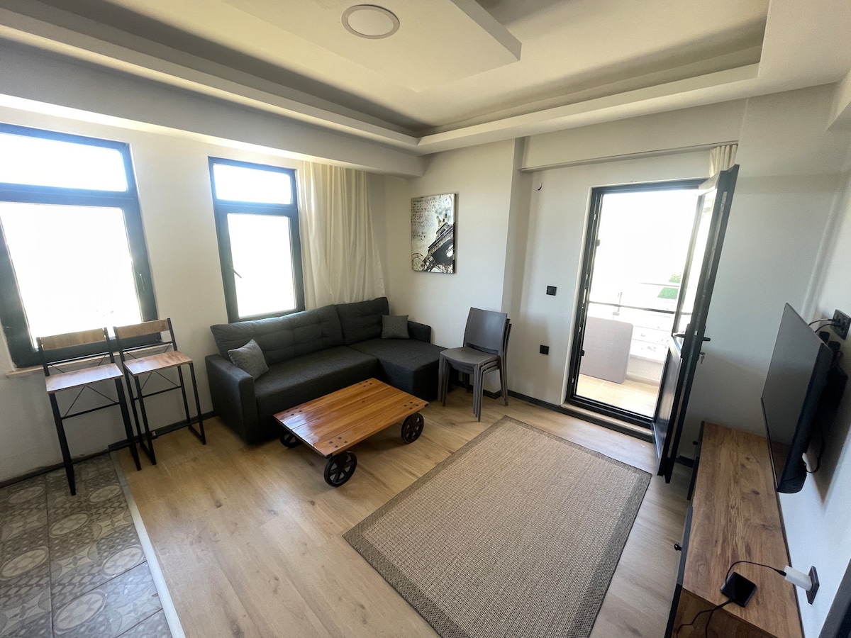 A modern living area is featured, with a dark sofa positioned near large windows that allow natural light to brighten the space. A wooden coffee table sits on a textured rug, while a television is mounted on a wooden stand opposite. A small dining table and two chairs are visible.