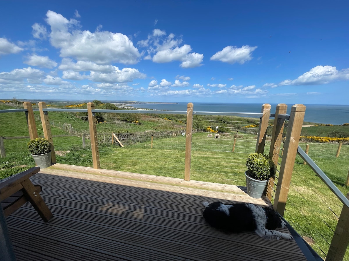 A spacious wooden deck offers a view of the expansive landscape and the sea. Green fields and distant hills are visible under a bright blue sky adorned with clouds. A dog rests peacefully on the deck, adding to the serene atmosphere.