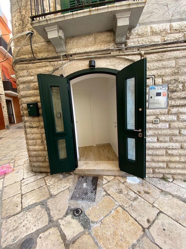 The entrance features double green doors with glass panels, opening to a small, bright hallway. Neutral-toned flooring is visible, and the walls are painted white, creating a clean and minimalistic entryway. The surrounding area displays stone-textured exteriors typical of the locale.
