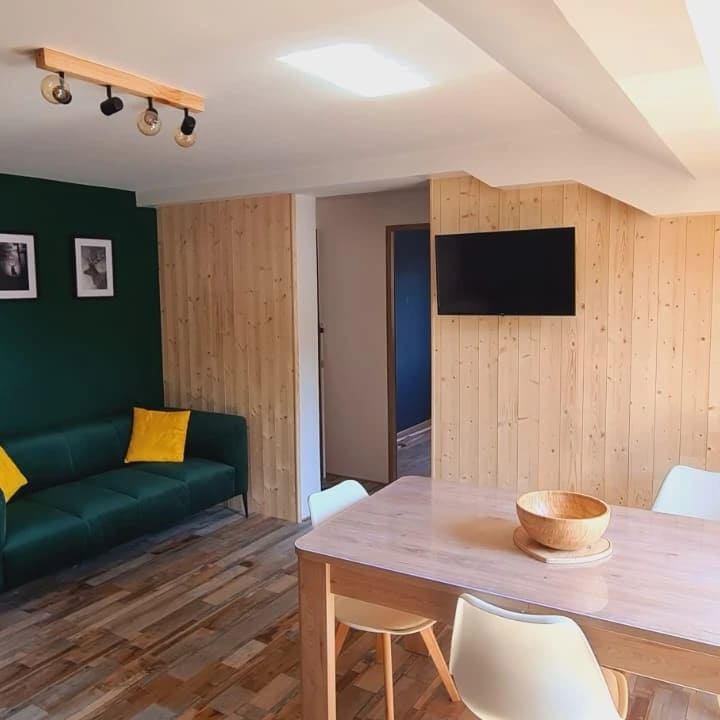 The living area features a modern green sofa with yellow accent pillows, surrounded by wooden walls. A wooden dining table accompanied by white chairs is visible. A wall-mounted television and framed photos complement the cozy ambiance of this inviting space.
